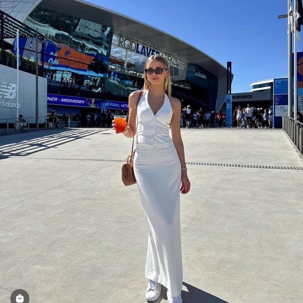 White Halter Button Top And Maxi Skirt Set